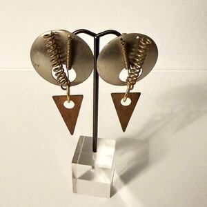 Vintage 80s Mixed Metal Industrial Geometric Spring Dangle Post Earrings Mens